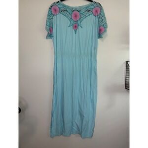 Silky Line Dress Medium Blue Pink Floral Crochet‎ Rayon Swiss Dot Maxi Dress